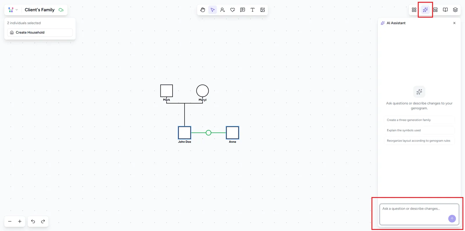 AI Assistant chat panel open beside the canvas, with suggestion prompts and the message input highlighted