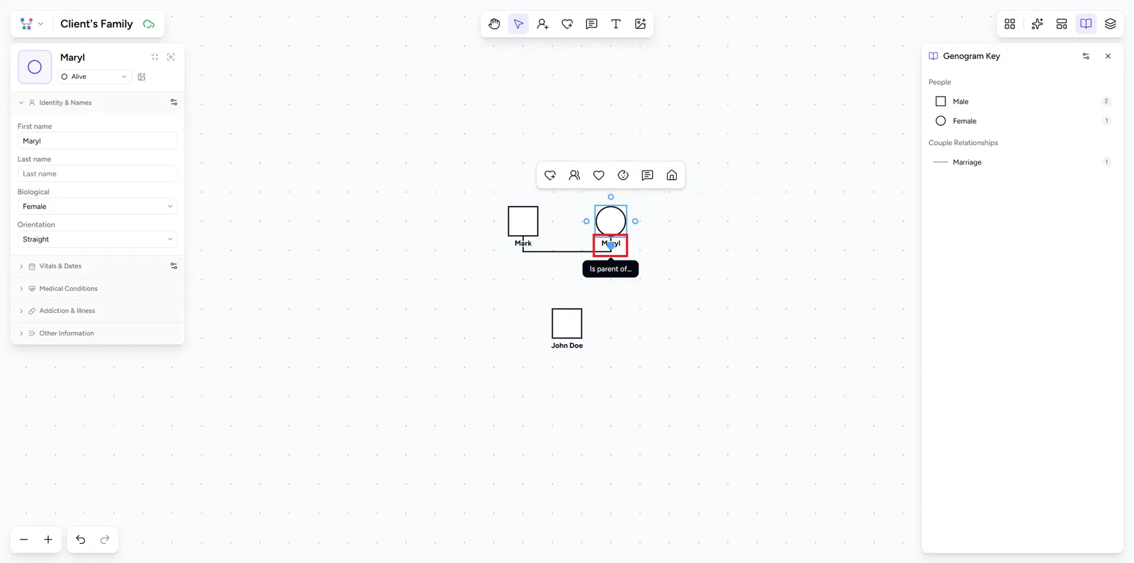 Selected person with connection bubbles on all four sides and the bottom bubble being dragged, showing an Is parent of tooltip
