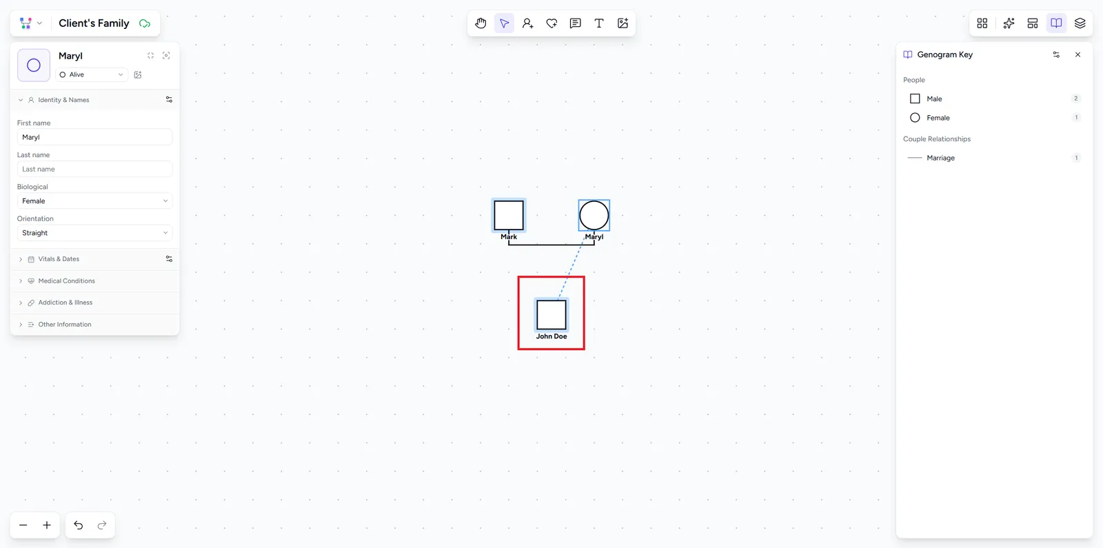 Dashed connection line dragged from a selected person onto another person highlighted as the drop target