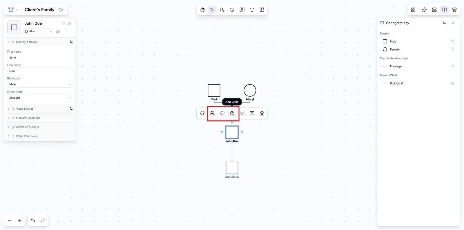 Selected person with the selection toolbar above, the Add child action highlighted, and a new child placed below