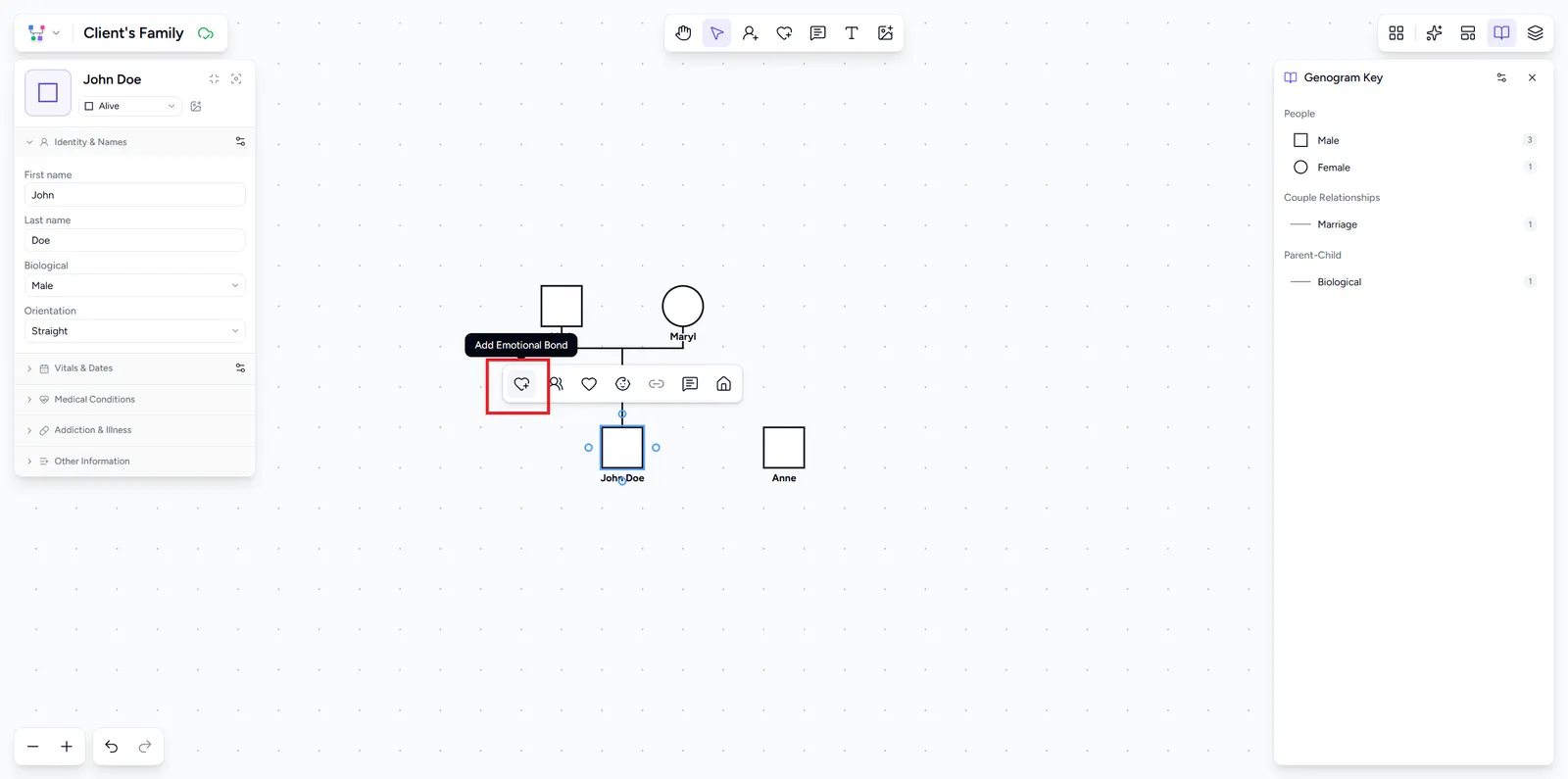 Selected person with the Add emotional bond action highlighted on the selection toolbar