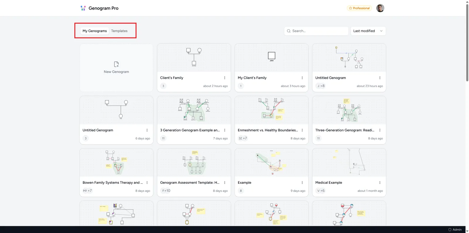 Genogram Pro dashboard with the My Genograms and Templates tabs highlighted above a grid of genogram files