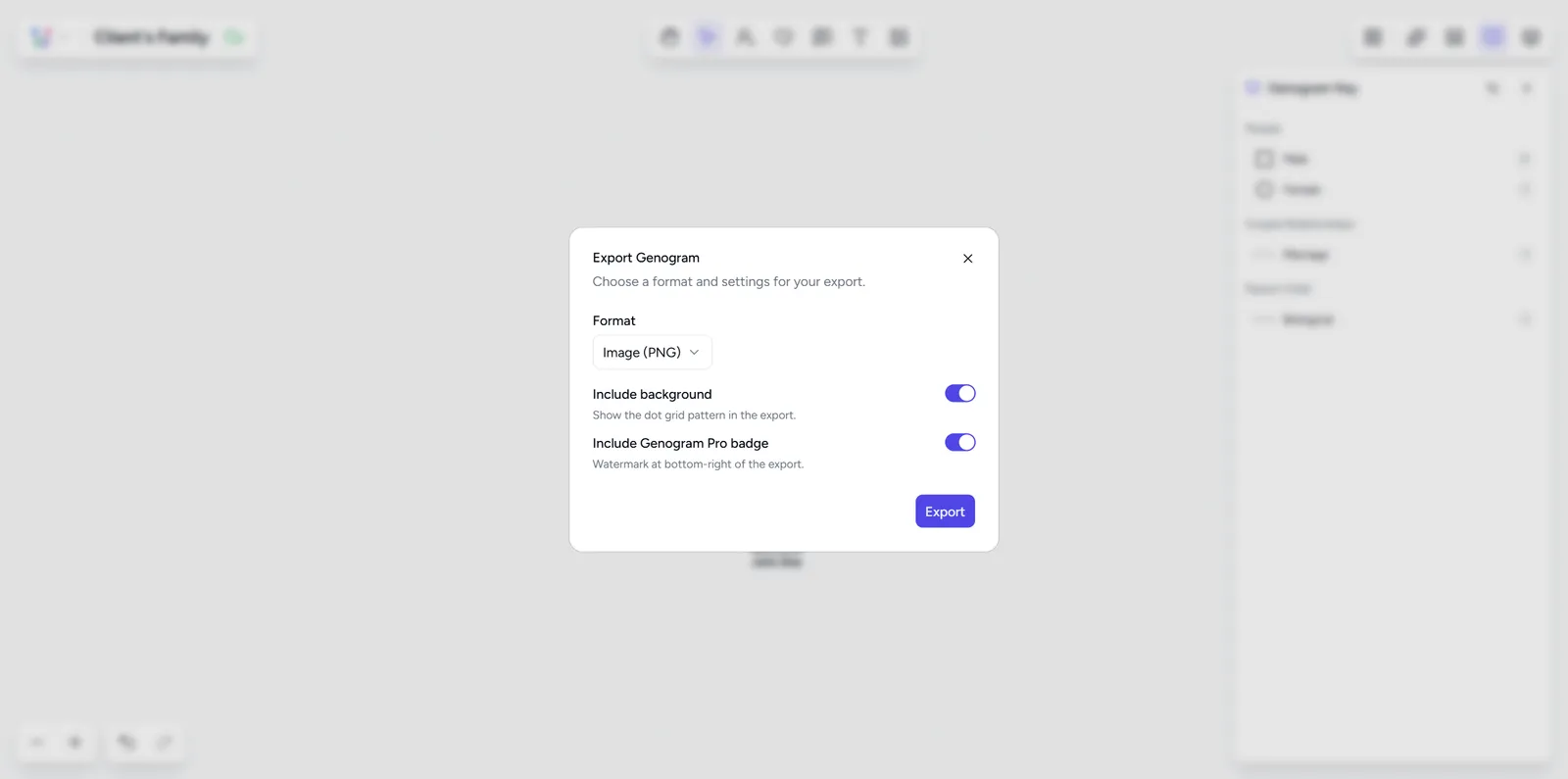 Export Genogram dialog with format, background, and badge settings
