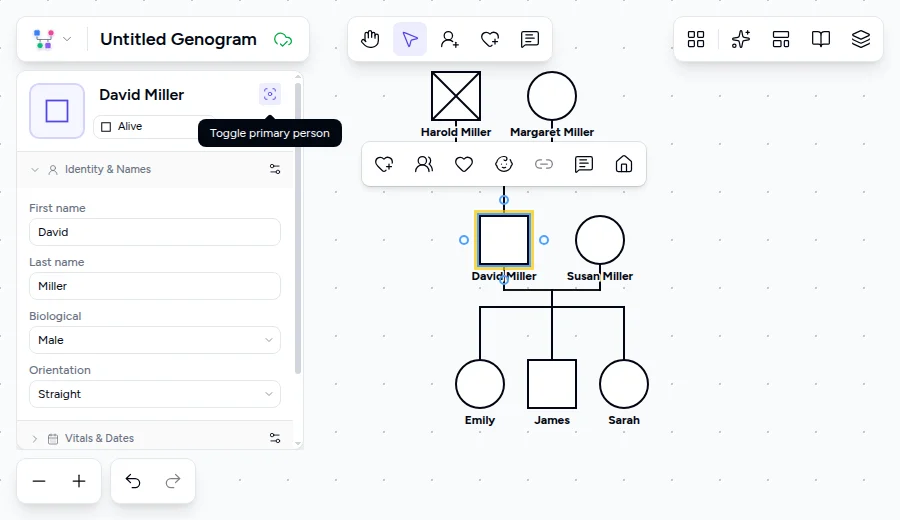 Genogram Pro editor showing David Miller selected as the focus person with a yellow outline around his genogram symbol