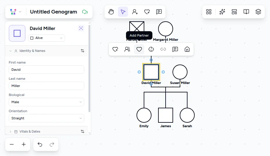 Genogram editor toolbar showing the Add Partner action to connect two people with a marriage line