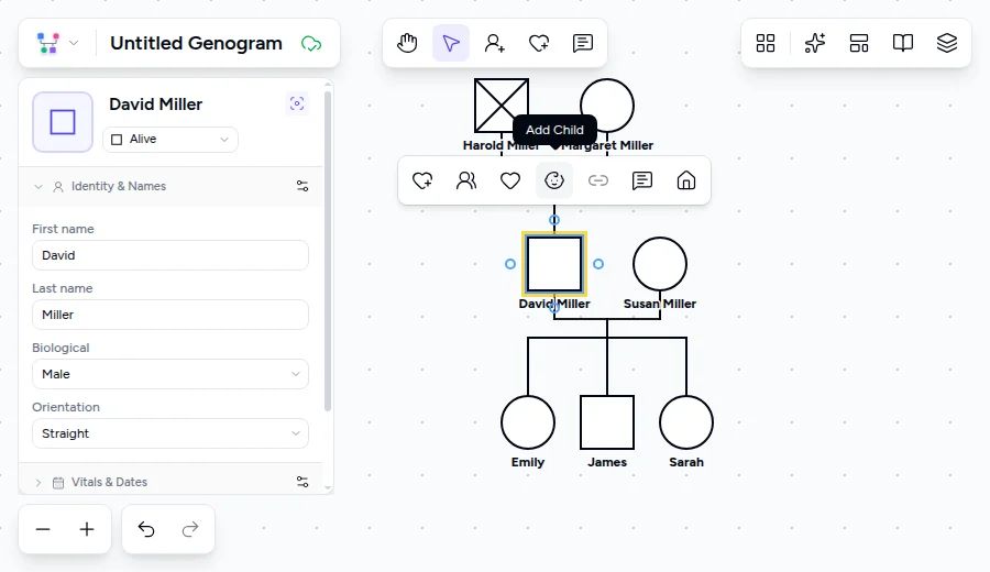 Genogram editor toolbar showing the Add Child action to place children beneath a couple line