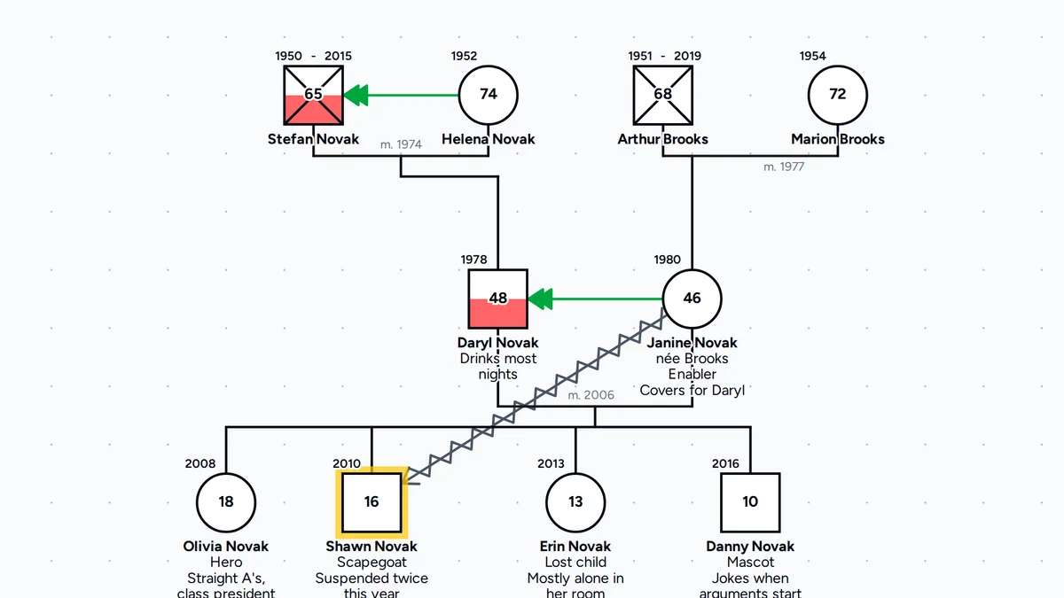 Three-generation genogram of the Novak and Brooks families, an invented family drawn with the roles Sharon Wegscheider-Cruse described. Stefan Novak, who died in 2015, married Helena Novak in 1974, has an alcohol or drug abuse fill and has a caretaker line from Helena. Arthur Brooks, who died in 2019, married Marion Brooks in 1977. Stefan and Helena's son Daryl Novak married Arthur and Marion's daughter Janine Novak, née Brooks, in 2006. Daryl has an alcohol or drug abuse fill and the note "Drinks most nights", and Janine has the role "Enabler", the note "Covers for Daryl" and a caretaker line to Daryl. Their children, oldest first, are Olivia, Shawn, Erin and Danny. Olivia has the role "Hero" and the note "Straight A's, class president". Shawn, the index person, has the role "Scapegoat", the note "Suspended twice this year" and a focused on negatively line from Janine. Erin has the role "Lost child" and the note "Mostly alone in her room". Danny has the role "Mascot" and the note "Jokes when arguments start". The image also has each person's name, birth year and age