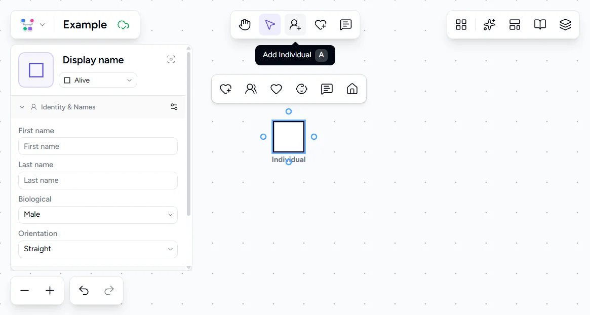Genogram Pro editor with a single male symbol placed on the canvas, identity panel open showing name and gender fields