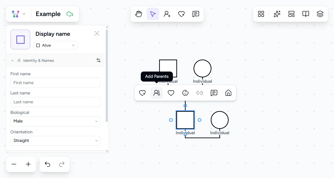 Genogram Pro canvas showing two generations with a parent couple above and a child selected with Add Parents tooltip visible