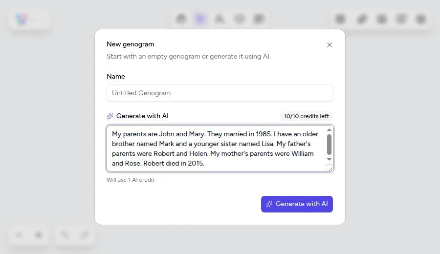 Genogram Pro AI assistant dialog with a plain-language family description ready to generate a three-generation genogram