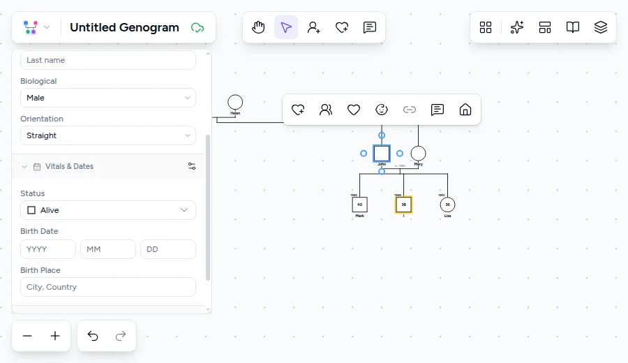 Genogram editor Vitals and Dates panel showing birth date, birth place, and status fields for a selected person