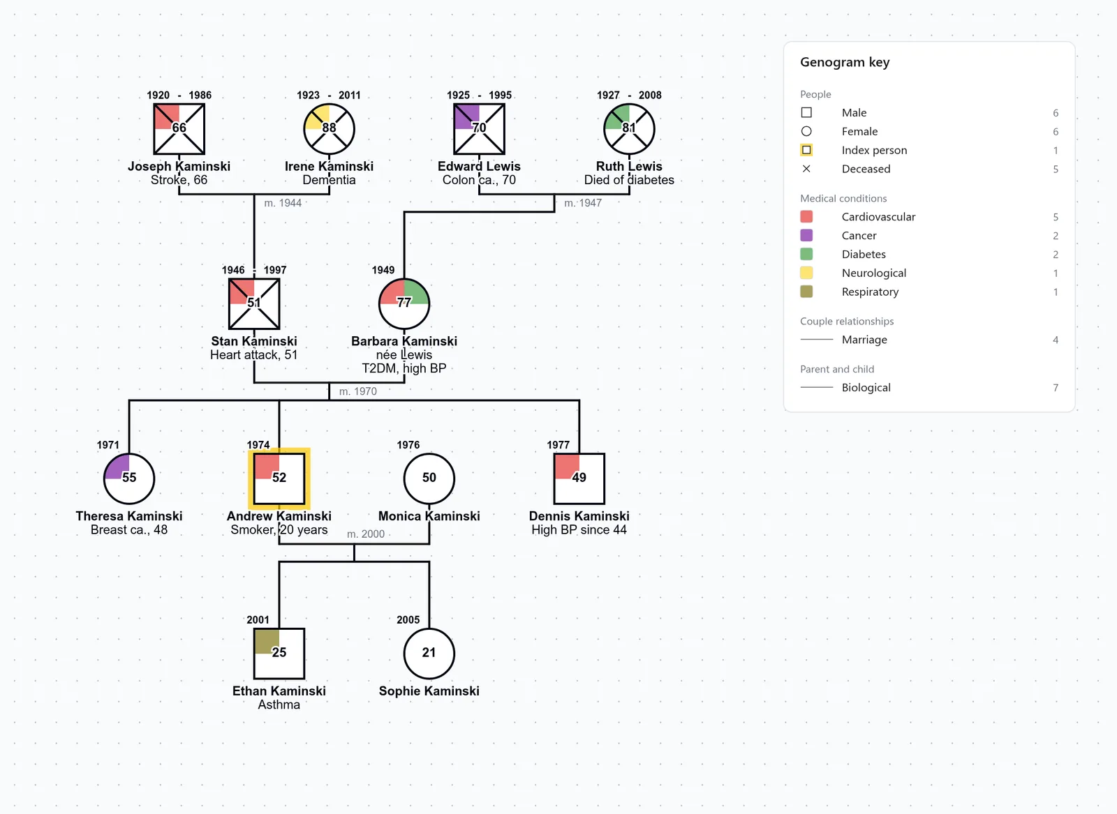 Nursing genogram of the Kaminski and Lewis families, with Andrew Kaminski as the index person, his wife Monica and their children Ethan and Sophie, his parents Stan and Barbara, his siblings Theresa and Dennis, and his grandparents Joseph and Irene Kaminski and Edward and Ruth Lewis on four marriage lines, a red cardiovascular quadrant for Joseph, Stan, Barbara and Dennis and for Andrew's chest pain, green diabetes quadrants for Ruth and Barbara, purple cancer quadrants for Edward and Theresa, yellow for Irene's dementia, olive for Ethan's asthma, and a health note under each affected relative, and a genogram key