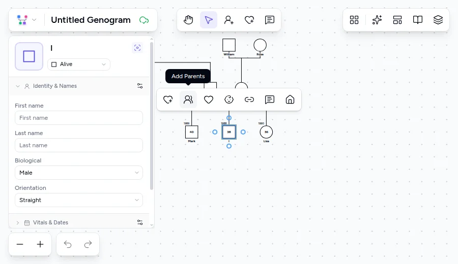 Genogram editor showing Add Parents action on the identified patient to establish a three-generation vertical structure