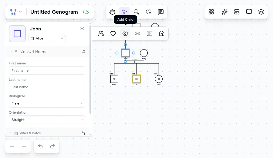 Genogram editor showing Add Child action on a parent to place siblings beneath the couple line in birth order