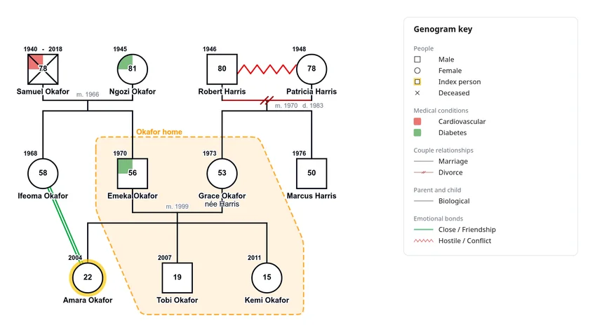 The Okafor and Harris family genogram with its key on the right.