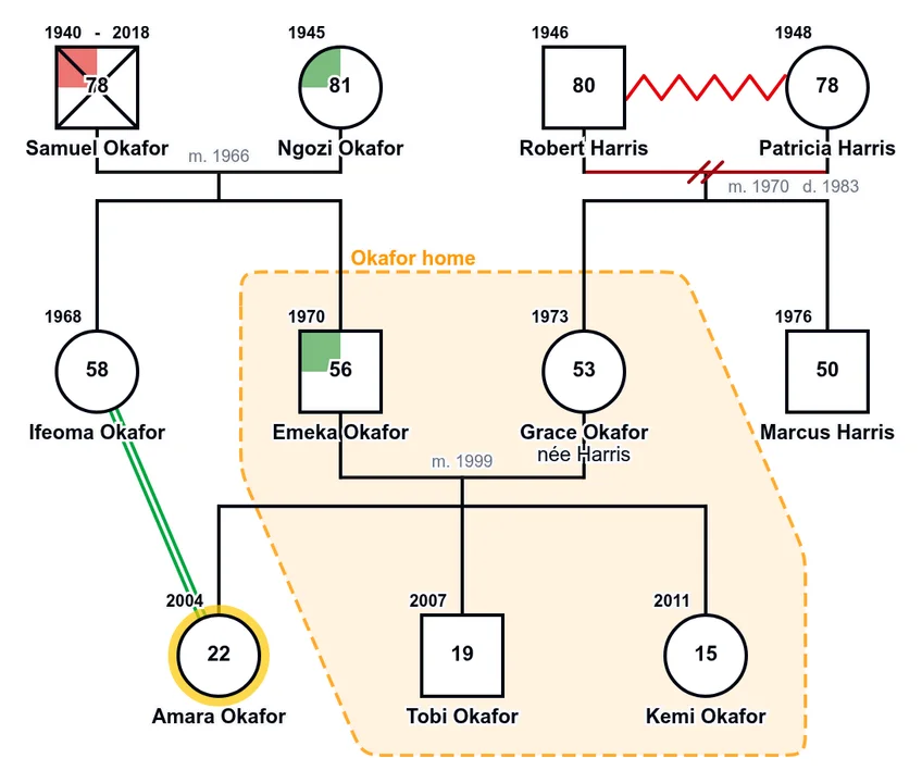 The Okafor and Harris family genogram with no key beside it.