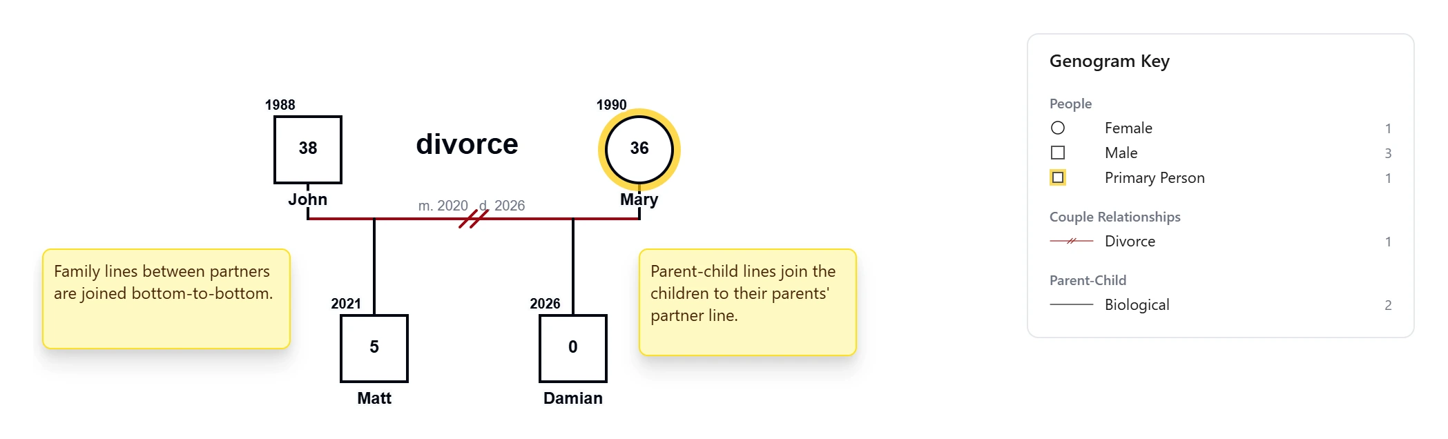 Genogram of a divorced couple, John and Mary, joined by a marriage bar with two slashes marking divorce. Vertical parent-child lines run down to their sons Matt and Damian. Notes explain that family lines join partners bottom-to-bottom and parent-child lines connect children to the partner line.